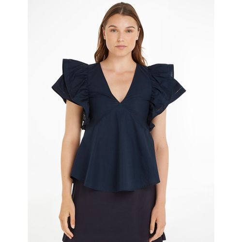 Blusa In Cotone Scollo A V, Maniche Corte - tommy hilfiger - Modalova