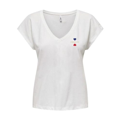 T-shirt Scollo A V, Cuori Ricamati Bianco Donna Taglie S - only - Modalova