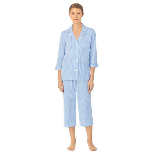 Pigiama Lungo, Maniche A 3/4 Rigato In Cotone Donna Taglie M - lauren ralph lauren - Modalova