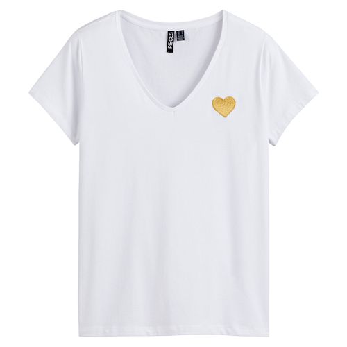 T-shirt Scollo A V, Cuore Ricamato Donna Taglie XS - pieces - Modalova