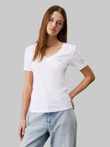 T-shirt scollo a v maniche corte con logo CK - CALVIN KLEIN JEANS - Modalova