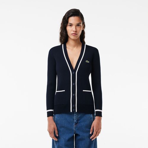 Cardigan scollo a V in maglia a coste sottili - LACOSTE - Modalova