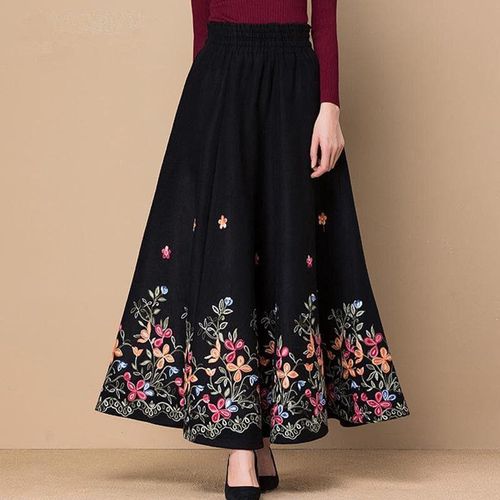 Flower Embroidered Woolen Maxi Skirt - musthaveskirts - Modalova