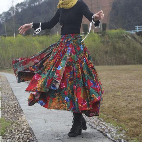Flower Print Long Cotton Linen Skirt - musthaveskirts - Modalova