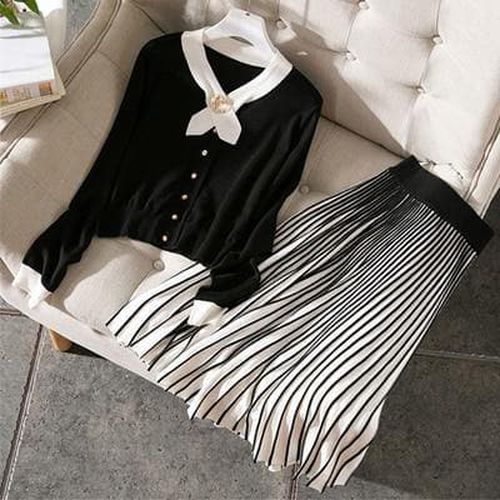 Long Sleeve Knit Top and Striped Skirt 2 Piece Set - musthaveskirts - Modalova