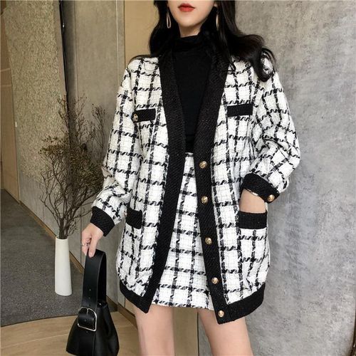 Long Sleeve Tweed Wool Jacket Coat+Mini Wool Skirt Set - musthaveskirts - Modalova
