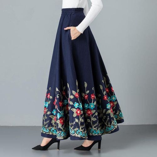 Embroidered Winter Warm Woolen Long Skirt - musthaveskirts - Modalova