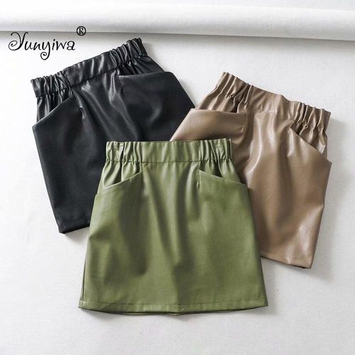 Double Pocket Elastic Waist PU Faux Leather Skirt - musthaveskirts - Modalova