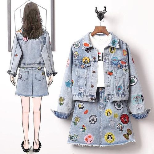 Embroidery Epaulet Denim Jacket Coat + Mini Jean Skirt - musthaveskirts - Modalova