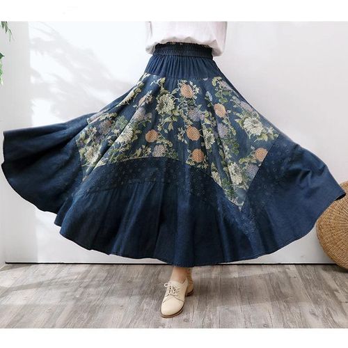 Flower Print Denim Long Skirt - musthaveskirts - Modalova