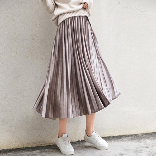 Long Metallic Silver Maxi Pleated Skirt - musthaveskirts - Modalova