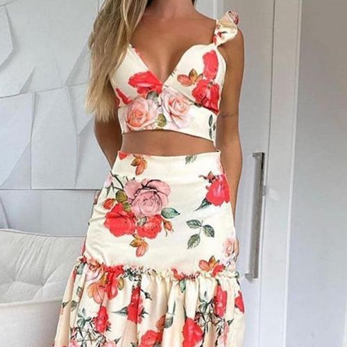 Floral Print Ruffles Top & Frill Hem Maxi Skirt Set - musthaveskirts - Modalova