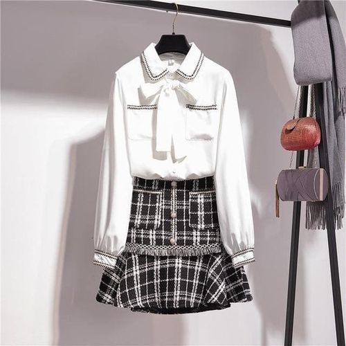 Chiffon Bowknot Shirt Tops + Skirt Set - musthaveskirts - Modalova