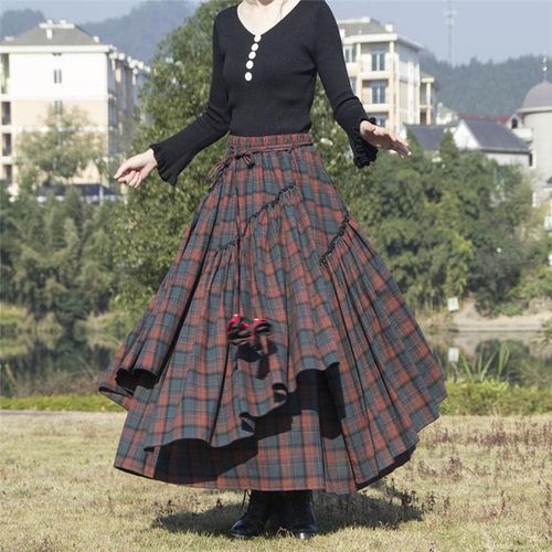 Elastic Plaid Long Skirts - musthaveskirts - Modalova