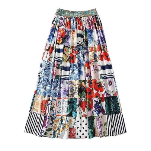 Flower Print Dots Striped Skirt - musthaveskirts - Modalova