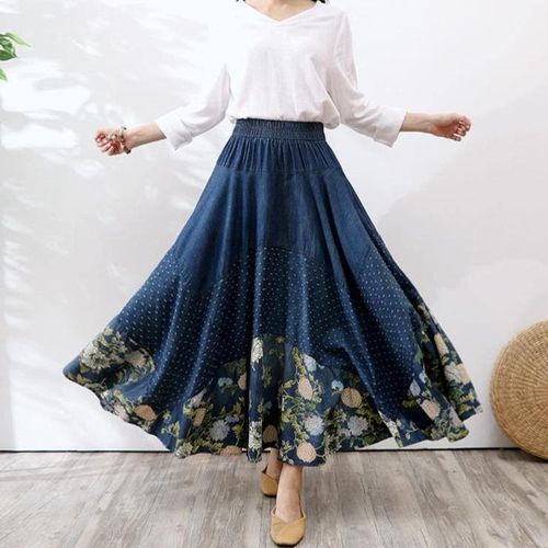 Denim Flower Print Long Maxi Skirts - musthaveskirts - Modalova