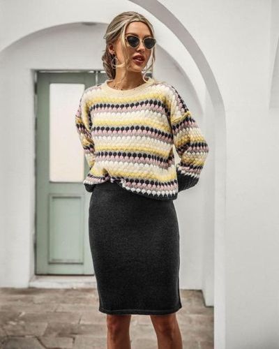 Winter Striped Knitted Pullovers+Midi Skirts Sweater Suits - musthaveskirts - Modalova