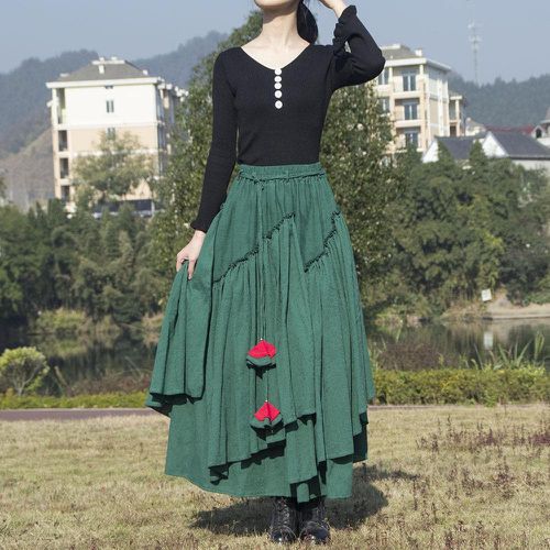 Cotton And Linen Print Flower Skirt - musthaveskirts - Modalova