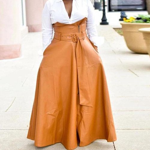 High Waist Buckle Belted PU Leather Skirt - musthaveskirts - Modalova