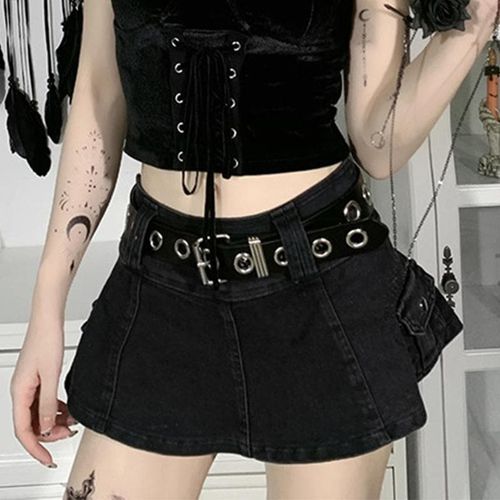 Denim Mini Skirt with Skull Belt - musthaveskirts - Modalova