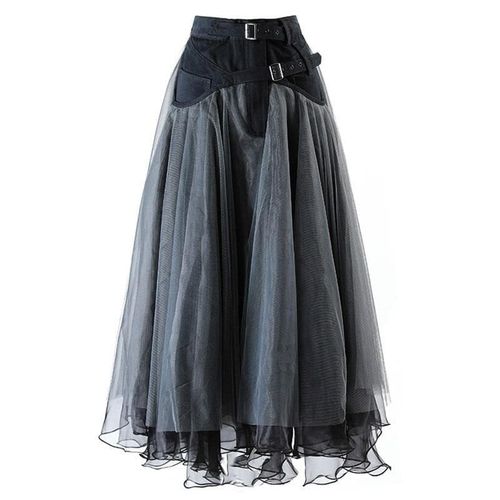 Elegant Denim Spliced Mesh Half-body Skirt - musthaveskirts - Modalova