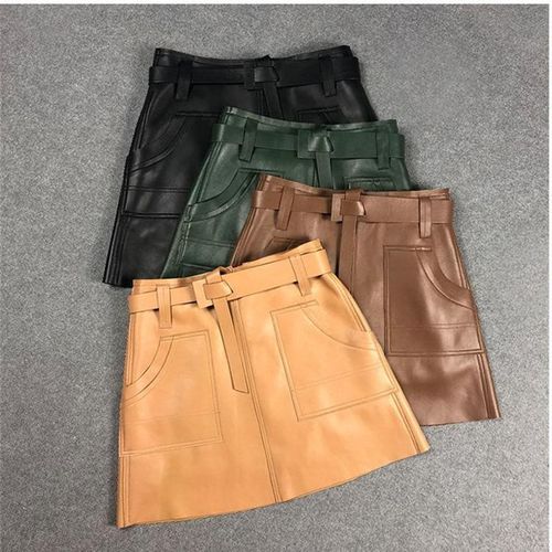 Genuine Leather Skirt With Belt - musthaveskirts - Modalova