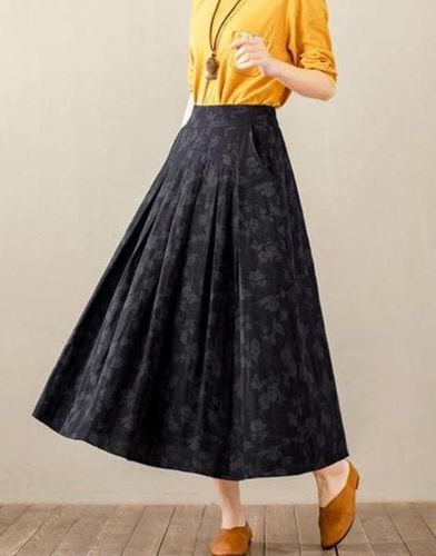 Long Mid-Calf A-line Cotton Jacquard Skirts - musthaveskirts - Modalova