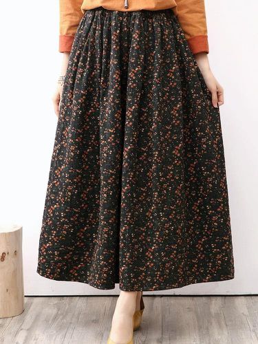 Cotton Linen Vintage Big Hem Print Skirt - musthaveskirts - Modalova