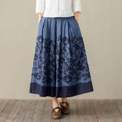 Linen Blue Print Skirt - musthaveskirts - Modalova