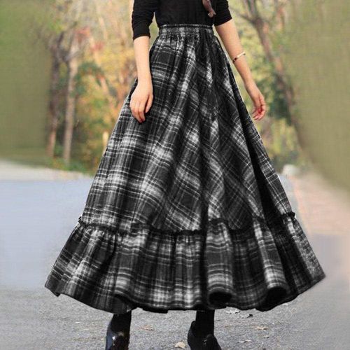 Flare Plaid Long Skirts - musthaveskirts - Modalova