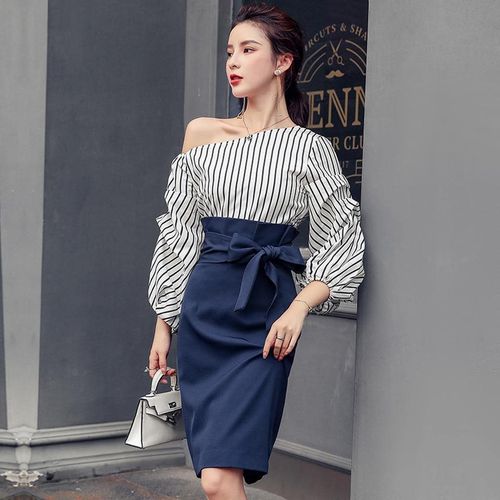 Elegant Stripe Puff Sleeve Blue Skirt - musthaveskirts - Modalova