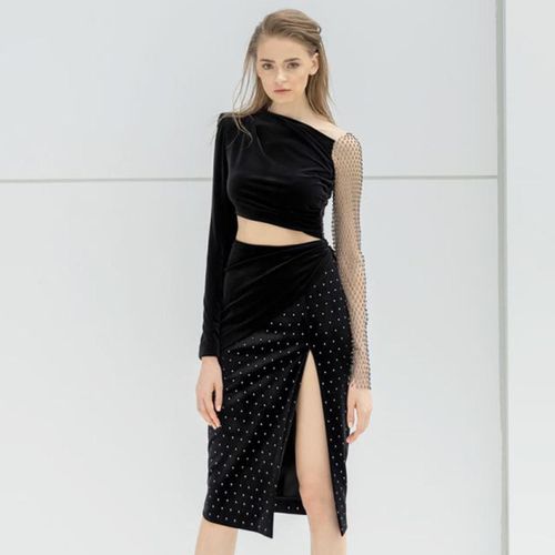 Long Sleeve Mesh Diamond Top & Split Skirt - musthaveskirts - Modalova