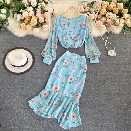 Flower Print Long Sleeve Tops + Skirt Suits - musthaveskirts - Modalova
