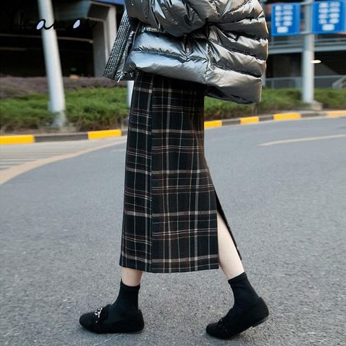 High Waist Midi Long Wool Plaid Skirt - musthaveskirts - Modalova