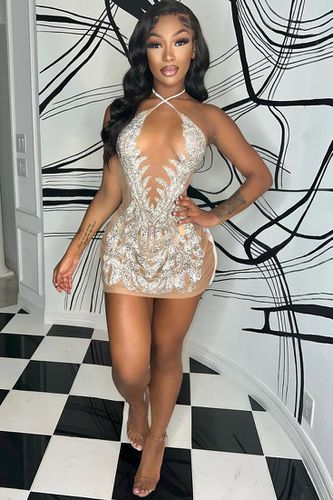 Beige Mesh Silver Rhinestone Halter Backless Sexy Party Dress - AMIClubwear - Modalova