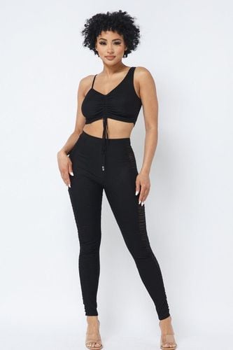 Mesh Strappy Adjustable Ruched Crop Top With Matching See Through Side Panel Leggings - KandyKouture - Modalova