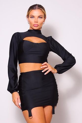 Puff Long Sleeve Front Cutout Turtleneck Blouse & Side Ruched Garter Mini Skirt Set - KandyKouture - Modalova