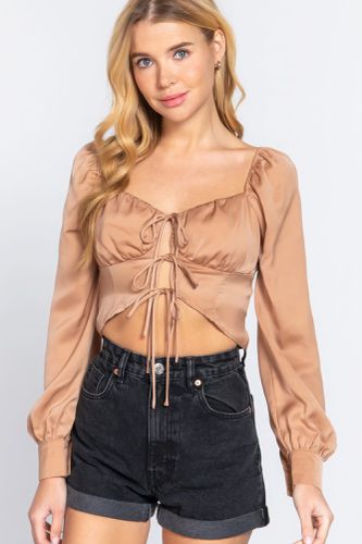 Long Sleeve Sweetheart Neck Front Ribbon Tie Detail Woven Top - KandyKouture - Modalova