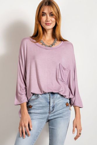 Rounded Neckline 3/4 Sleeves Washed Top - KandyKouture - Modalova