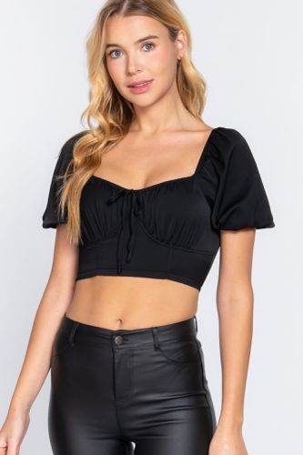 Short Slv Shirring Satin Crop Top - KandyKouture - Modalova