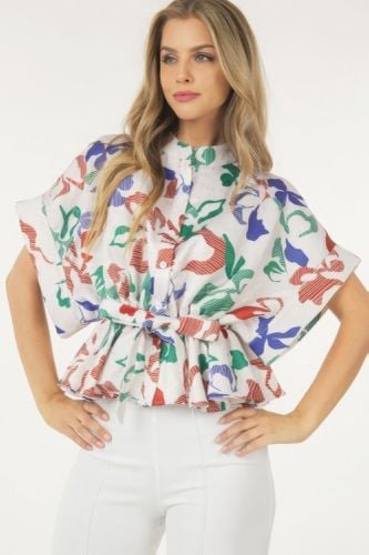 Floral Print Short Sleeve Top With Waist Tie - KandyKouture - Modalova