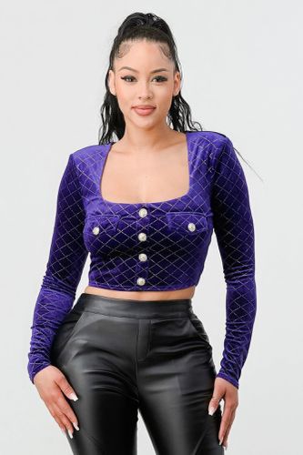 Lux Diamon Velvet Buttons Open Back Square Neck Long Sleeves Cropped Top - KandyKouture - Modalova