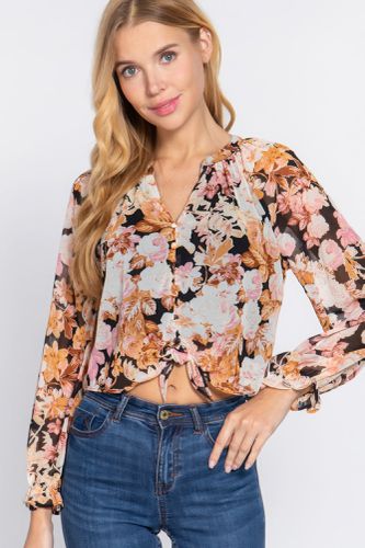 Front Tie Detail Print Woven Blouse - KandyKouture - Modalova