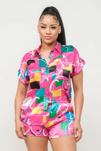 Satin Dolman Print Button Down Top And Shorts Set - KandyKouture - Modalova