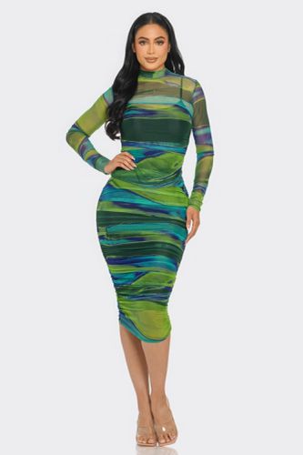 Glitch Print Mesh Ruched Midi Dress - KandyKouture - Modalova