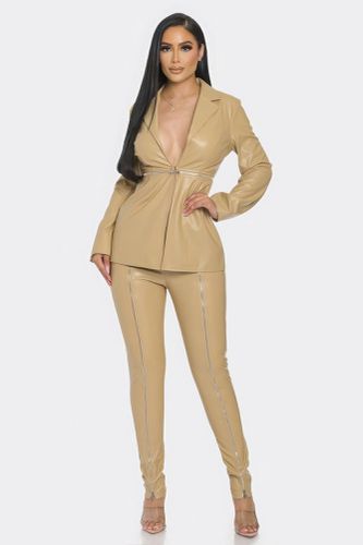 Pu Leather Zipper Pant Set - KandyKouture - Modalova