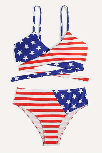 Sexy American Flag Bikini Red White Stripe Strappy 2Pc Swimsuit - AMIClubwear - Modalova