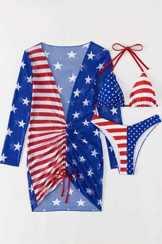 Sexy American Flag Triangle Bikini Cheeky Bottom Mesh Cover-Up 3Pc Swimsuit Set - AMIClubwear - Modalova