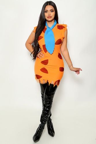 Orange Animal Print Felt Blue Tie 2Pc Sexy Flintstone Bam Costume - AMIClubwear - Modalova