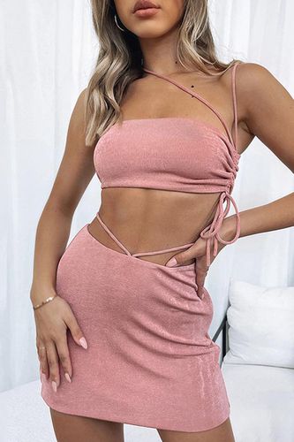 Pink Knitted Strappy Draw String Top Skirt 2Pc Dress Set - AMIClubwear - Modalova